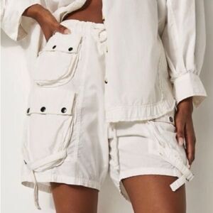 Free People Moon Bay Parachute Cargo Shorts Optic White - Rope Tie Utility - EUC